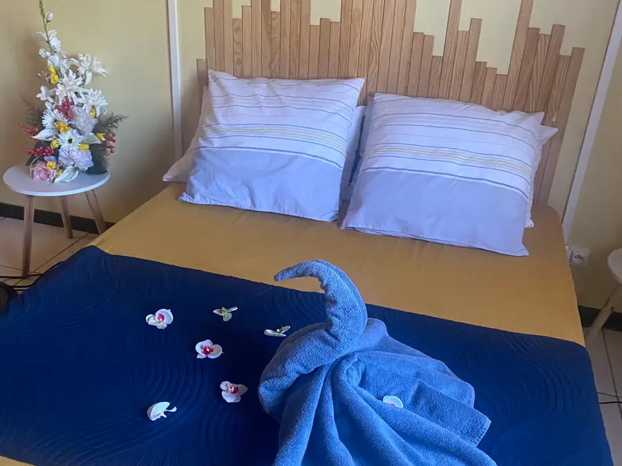 Lit préparé avec une serviette pliée en cygne et des pétales